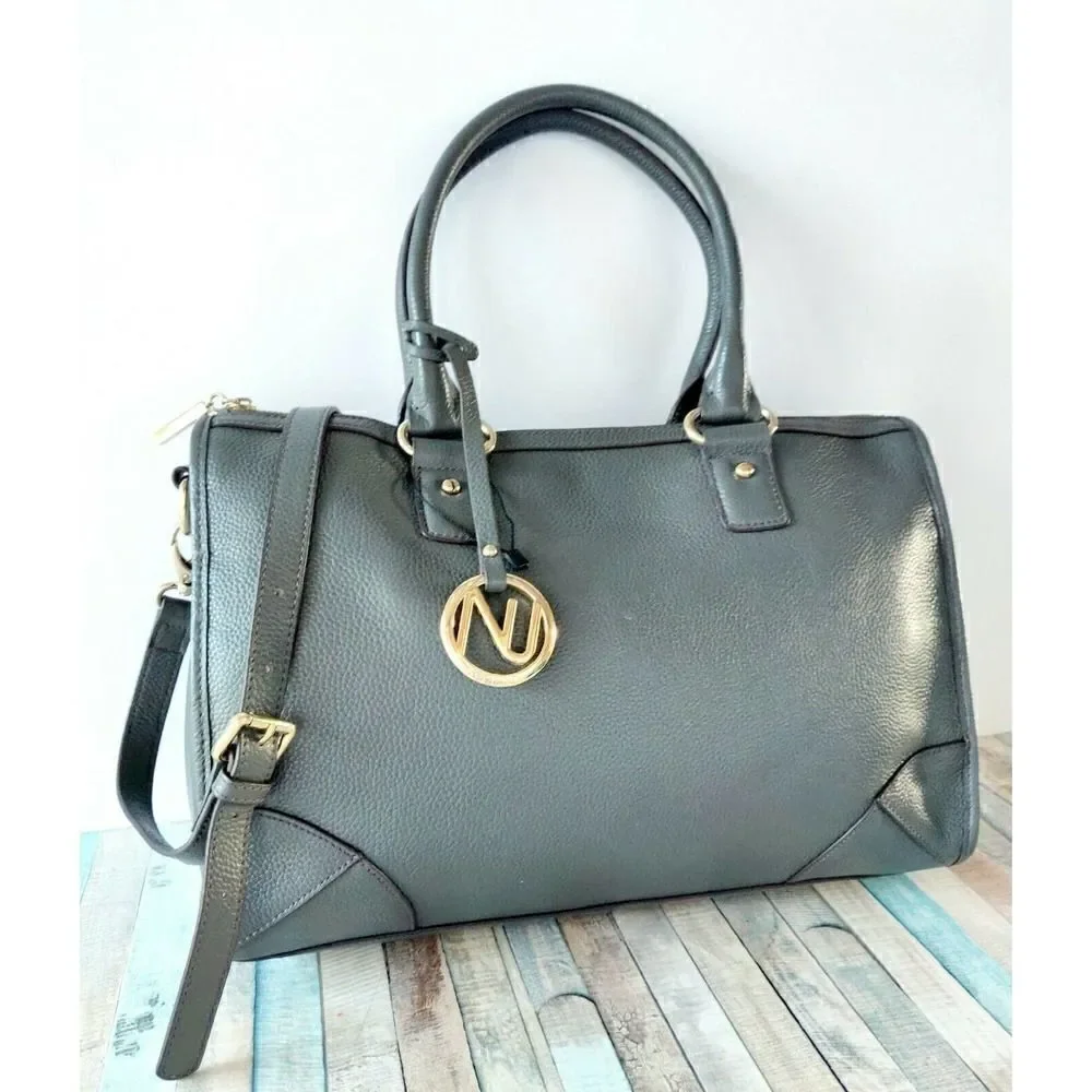 NWOT NUCIANO GRAY GENUINE LEATHER TWO WAYS SATCHEL SHOULDER BAG HANDBAG PURSE